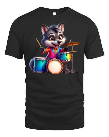 Cute Wolf Drummer T-Shirt - Funny Animal Band Tee - black t-shirt on white background