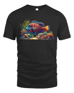 Tropical Reef Fish T-Shirt - Vibrant Ocean Art Tee - black t-shirt on white background
