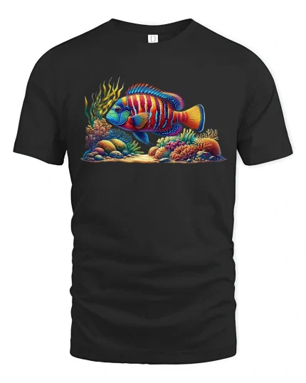 Tropical Reef Fish T-Shirt - Vibrant Ocean Art Tee - black t-shirt on white background