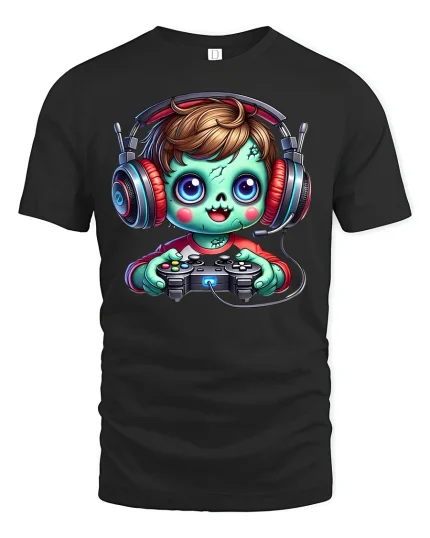 Cute Zombie Gamer T-Shirt - Funny Gaming Lovers Tee - black t-shirt on white background