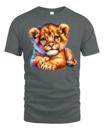 Cute Baby Lion T-Shirt - Adorable Wild Cub Art Tee - gray t-shirt on white background