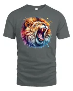 Roaring Colorful Lion T-Shirt - Bold Wild Power Art - gray t-shirt on white background