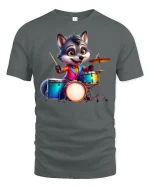 Cute Wolf Drummer T-Shirt - Funny Animal Band Tee - gray t-shirt on white background