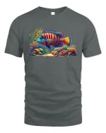 Tropical Reef Fish T-Shirt - Vibrant Ocean Art Tee - gray t-shirt on white background