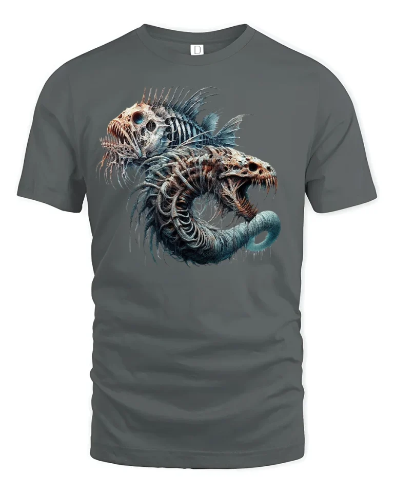 Abyssal Monster Fish T-Shirt - Deep Sea Horror Art - gray t-shirt on white background