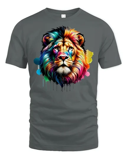 Colorful Lion King T-Shirt - Vibrant Wild Spirit Art - gray t-shirt on white background