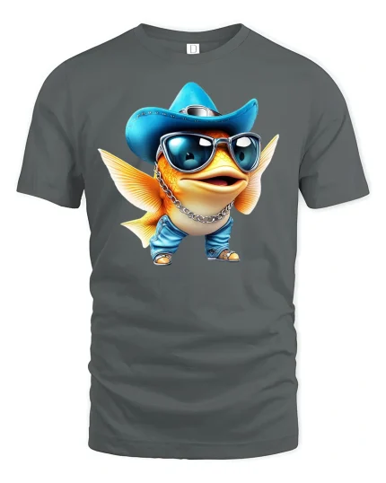 Cool Cowboy Fish T-Shirt - Funny Ocean Vibes Tee - gray t-shirt on white background