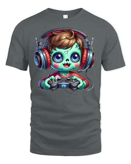 Cute Zombie Gamer T-Shirt - Funny Gaming Lovers Tee - gray t-shirt on white background
