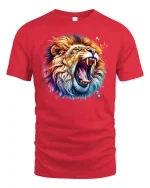 Roaring Colorful Lion T-Shirt - Bold Wild Power Art - red t-shirt on white background