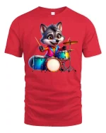 Cute Wolf Drummer T-Shirt - Funny Animal Band Tee - red t-shirt on white background