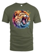 Roaring Colorful Lion T-Shirt - Bold Wild Power Art - military green t-shirt on white background