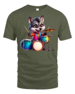 Cute Wolf Drummer T-Shirt - Funny Animal Band Tee - military green t-shirt on white background
