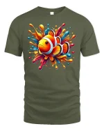 Color Splash Clownfish T-Shirt - Fun Ocean Vibes Tee - military green t-shirt on white background