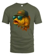 Cool Fisherman Fish T-Shirt - Funny Sunglasses Style - military green t-shirt on white background