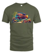 Tropical Reef Fish T-Shirt - Vibrant Ocean Art Tee - military green t-shirt on white background