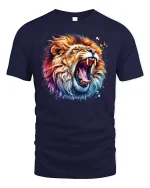 Roaring Colorful Lion T-Shirt - Bold Wild Power Art - navy t-shirt on white background