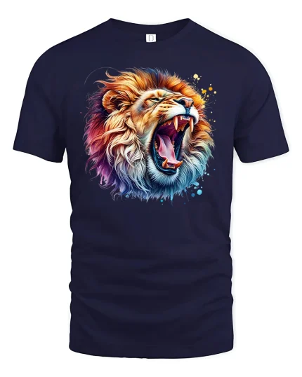 Roaring Colorful Lion T-Shirt - Bold Wild Power Art - navy t-shirt on white background
