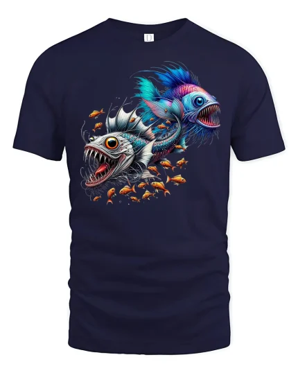 Deep Sea Predator Fish T-Shirt - Wild Ocean Power Art - navy t-shirt on white background