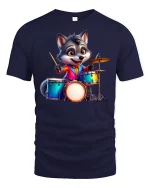 Cute Wolf Drummer T-Shirt - Funny Animal Band Tee - navy t-shirt on white background