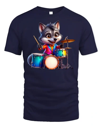 Cute Wolf Drummer T-Shirt - Funny Animal Band Tee - navy t-shirt on white background