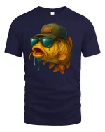 Cool Fisherman Fish T-Shirt - Funny Sunglasses Style - navy t-shirt on white background