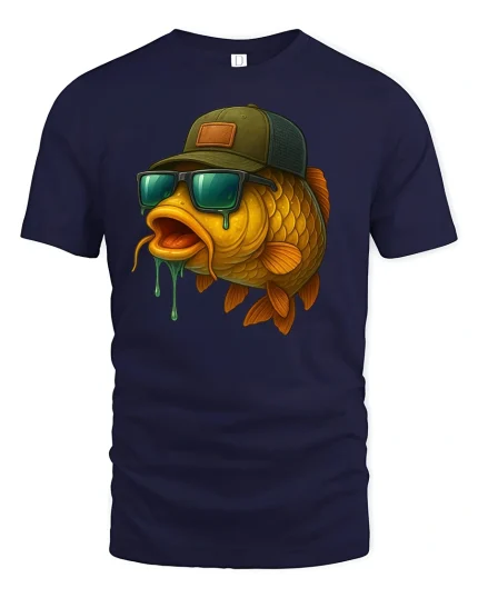 Cool Fisherman Fish T-Shirt - Funny Sunglasses Style - navy t-shirt on white background