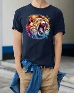 Roaring Colorful Lion T-Shirt - Bold Wild Power Art - model wearing navy tee with hands in pockets