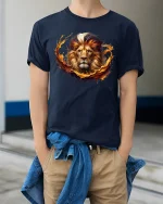 Majestic Lion T-Shirt - Bold King of the Jungle Art - model wearing navy tee with hands in pockets