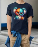 Angry Colorful Koala T-Shirt - Funny Cute Attitude Tee - model wearing navy tee with hands in pockets