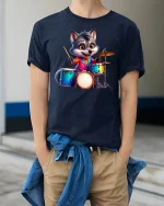 Cute Wolf Drummer T-Shirt - Funny Animal Band Tee - model wearing navy tee with hands in pockets