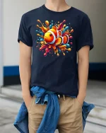 Color Splash Clownfish T-Shirt - Fun Ocean Vibes Tee - model wearing navy tee with hands in pockets