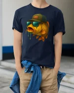 Cool Fisherman Fish T-Shirt - Funny Sunglasses Style - model wearing navy tee with hands in pockets