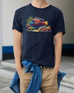 Tropical Reef Fish T-Shirt - Vibrant Ocean Art Tee - model wearing navy tee with hands in pockets