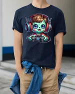 Cute Zombie Gamer T-Shirt - Funny Gaming Lovers Tee - model wearing navy tee with hands in pockets
