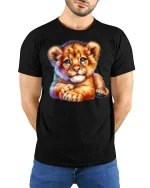 Cute Baby Lion T-Shirt - Adorable Wild Cub Art Tee - model wearing black tee with hands behind back