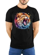 Roaring Colorful Lion T-Shirt - Bold Wild Power Art - model wearing black tee with hands behind back
