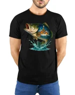 Christmas Bass Fish T-Shirt - Holiday Fishing Spirit - model wearing black tee with hands behind back