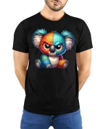 Angry Colorful Koala T-Shirt - Funny Cute Attitude Tee - model wearing black tee with hands behind back