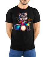 Cute Wolf Drummer T-Shirt - Funny Animal Band Tee - model wearing black tee with hands behind back