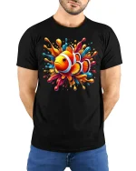 Color Splash Clownfish T-Shirt - Fun Ocean Vibes Tee - model wearing black tee with hands behind back