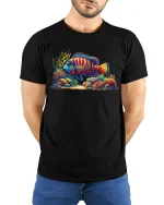 Tropical Reef Fish T-Shirt - Vibrant Ocean Art Tee - model wearing black tee with hands behind back