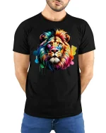 Colorful Lion King T-Shirt - Vibrant Wild Spirit Art - model wearing black tee with hands behind back