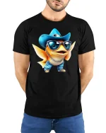 Cool Cowboy Fish T-Shirt - Funny Ocean Vibes Tee - model wearing black tee with hands behind back