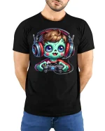 Cute Zombie Gamer T-Shirt - Funny Gaming Lovers Tee - model wearing black tee with hands behind back