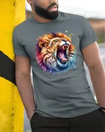 Roaring Colorful Lion T-Shirt - Bold Wild Power Art - model wearing grey tee, leaning on column