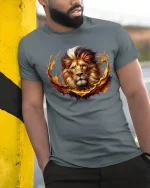 Majestic Lion T-Shirt - Bold King of the Jungle Art - model wearing grey tee, leaning on column