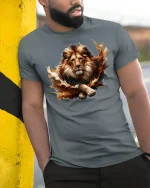 Majestic Lion King T-Shirt - Wild Spirit Power Tee - model wearing grey tee, leaning on column