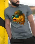 Cool Fisherman Fish T-Shirt - Funny Sunglasses Style - model wearing grey tee, leaning on column