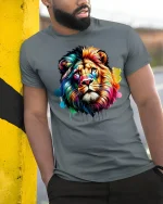 Colorful Lion King T-Shirt - Vibrant Wild Spirit Art - model wearing grey tee, leaning on column