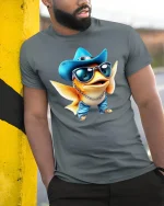 Cool Cowboy Fish T-Shirt - Funny Ocean Vibes Tee - model wearing grey tee, leaning on column